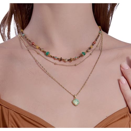 boho layered Original design Retro style multi-layer beaded necklace Fashion women's gold-plated necklace M3396