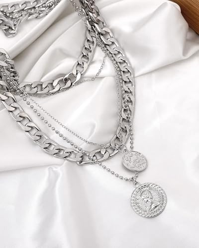 MJartoria Layered Necklaces for Women Trendy Retro Coin Pendant | Dainty Chunky Chain, Choker Necklaces, Jewelry Birthday Gifts - color: Silvery, style: A-Retro Coin-5 in 1 Layered