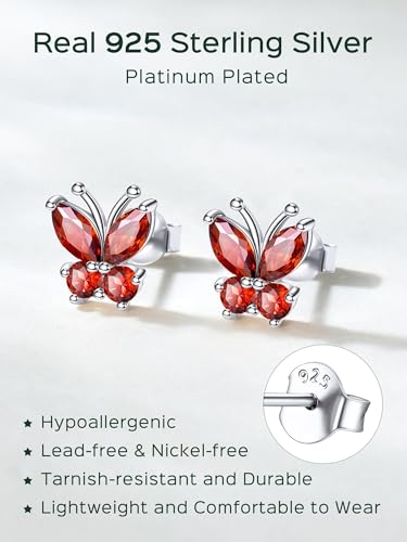 ChicSilver 925 Sterling Silver Bow/Butterfly Earrings for Women Hypoallergenic Birthstone Earrings Dainty Bow/Butterfly Jewelry Gift for Women - color: Butterfly-July-Ruby