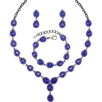 Austrian Crystal Rhinestone Necklace Dangle Earrings Link Bracelet Jewelry Set for Brides Bridesmaid Prom Costume Accessories for Women - color: Blue-Gun Black