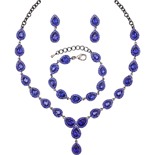 Austrian Crystal Rhinestone Necklace Dangle Earrings Link Bracelet Jewelry Set for Brides Bridesmaid Prom Costume Accessories for Women - color: Blue-Gun Black
