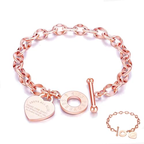 Heart Charm Bracelet Plated 18K Gold/Silver/Rose Gold Bible Scripture Heart Bracelet for Women Jewelry Gift Zircon Her Link Chain OT Clasp Stainless Steel Birthday - color: Rose Gold, size: 8.1 inch