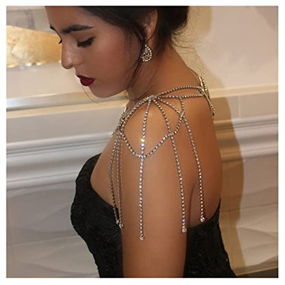 Rhinestone Tassel Wedding Backdrop Chain - Crystal Flower Shoulder Chain Necklace - Bridal Multi-Layered Body Chain Jewelry for Women - color: Shoulder Chain-silver