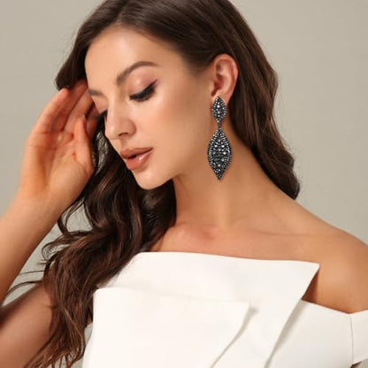 Flyonce Wedding Jewelry Set Rhinestone Crystal Bridal Leaf Necklace Drop Dangle Chandelier Earrings Sets for Women - color: Charcoal Grey