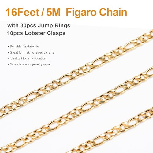 Kyutong Gold Necklace Chain for Jewelry Making with Lobster Clasps | 16.4 Feet Stainless Steel Jewelry Chain Bulk 3MM Wide Figaro Chains with Jump Rings for Men Women DIY Jewelry Crafts - color: Gold-8