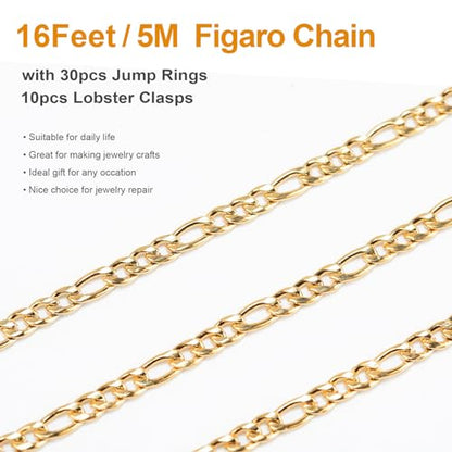 Kyutong Gold Necklace Chain for Jewelry Making with Lobster Clasps | 16.4 Feet Stainless Steel Jewelry Chain Bulk 3MM Wide Figaro Chains with Jump Rings for Men Women DIY Jewelry Crafts - color: Gold-8