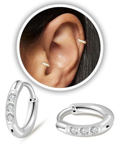 CZ Huggie Earrings for Women, Stainless Steel Hinged Small Hoop Earrings, Select Sizes, Colors and Sets for Cartilage Helix Lobe Ear Stack Jewelry - color: Silver, size: 6mm (THK:2mm)