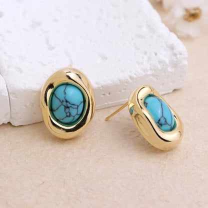 Jean Beau Chunky Gold Stone Stud Earrings for Women, Trendy Natural Gemstone Hypoallergenic Earing Valentine Jewelry Gift - color: Turquoise