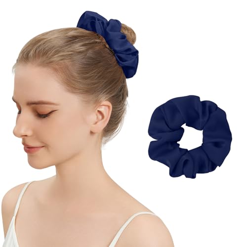 Silk Hair Scrunchies for Women, 100% Mulberry Silk Hair Ties, No Damage for Curly Hair, Large Scrunchie for Sleep, 1-Pack, Dark Navy Blue, L - color: Dark Navy Blue