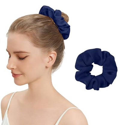 Silk Hair Scrunchies for Women, 100% Mulberry Silk Hair Ties, No Damage for Curly Hair, Large Scrunchie for Sleep, 1-Pack, Dark Navy Blue, L - color: Dark Navy Blue