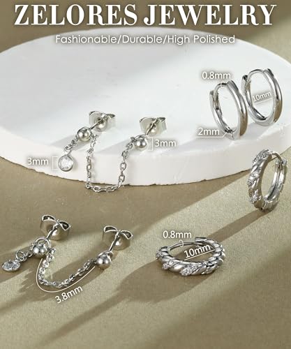 3 Pairs Dangle Hoop Chain Earrings Stacks for Women Trendy Huggie Earring | Non-Tarnish 5A CZ Stones Hoops Earrings Set for Multiple Piercing - style: Silver Plated-Twist