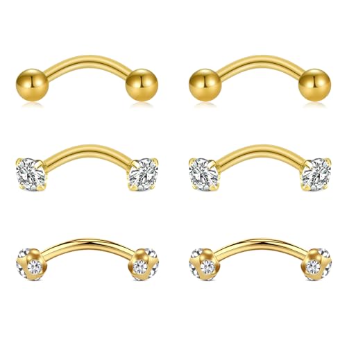 Briana Williams 6pcs Stainless Steel Rook Daith Earrings Belly Lip Ring Eyebrow Studs Cartilage Tragus Cubic Zirconia Barbell Body Piercing 8mm (5/16") - color: 6 -Gold 3 pairs