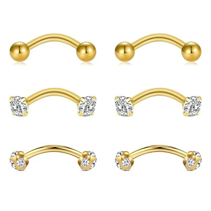 Briana Williams 6pcs Stainless Steel Rook Daith Earrings Belly Lip Ring Eyebrow Studs Cartilage Tragus Cubic Zirconia Barbell Body Piercing 8mm (5/16") - color: 6 -Gold 3 pairs