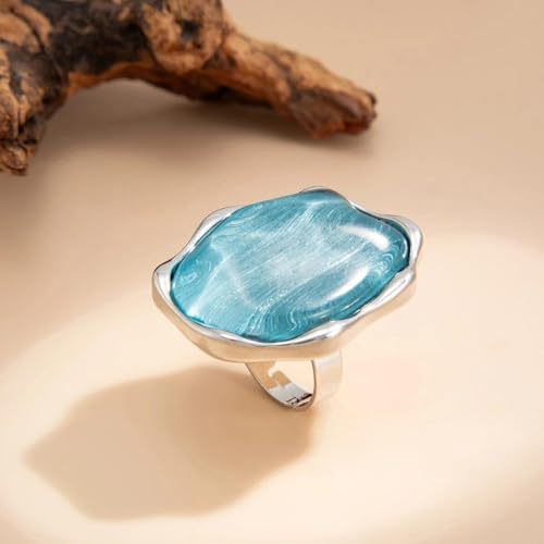 Large Silver Water Rippled Resin Knuckle Ring for Women, Adjustable Geometric Irregular Metal Ring Minimalist Statement Jewelry Cocktail Party Gifts - color: Blue