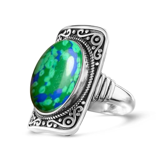 Big Natural Stone Ring,Rectangle Retro Antique Vintage Sterling Silver Genuine Crystal Quartz Gemstone Statement Wide Chunky Boho Bohemian Full Finger Ring for Women - color: A11_Imperial Jasper