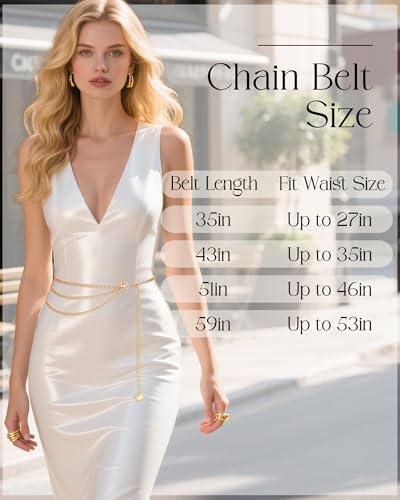 Chain Belt for Women Fashion Multilayer Metal Waist Chain Dress Belt Adjustable - size: Fit Waist Up to 53'', style: Diamond Gold