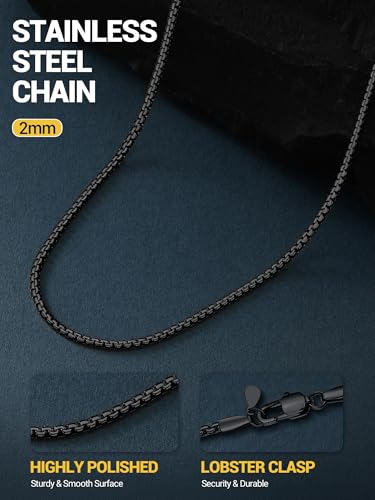 PROSTEEL Stainless Steel Flat Box Link Chain Necklace for Men | Silver/Black/18K Gold Plated,2/3/4/5/6/7/8mm Width Chain with Strong Lobster Clasp/Waterproof Men Women Jewelry with Gift Box - size: 28 inch(71cm), style: 2mm-Cool Black