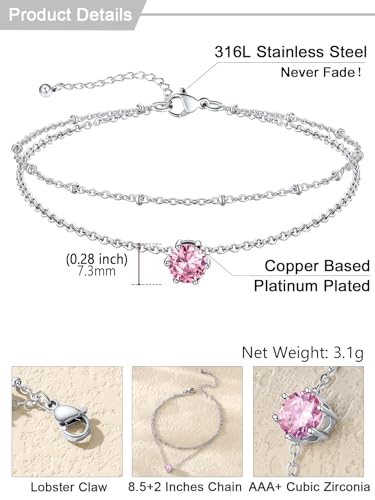 U7 Silver Ankle Bracelet for Women, Waterproof Layered Ankle Round Gem Birthstone Anklets, Summer Beach Foot Jewelry, Adjustable 8.5"-10.5" - color: 10.October-Pink Tourmaline