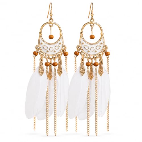 Boho White Feather Earrings for Women, Long Chain Chandelier Dangle Jewelry | Boho White Feather Earrings for Women, Long Chain Chandelier Dangle Statement Earrings for Beach Vacation, Festival and Party