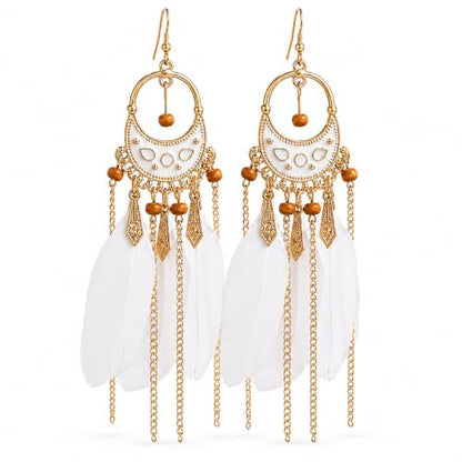 Boho White Feather Earrings for Women, Long Chain Chandelier Dangle Jewelry | Boho White Feather Earrings for Women, Long Chain Chandelier Dangle Statement Earrings for Beach Vacation, Festival and Party