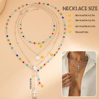 Layered Cross Necklace Set for Women, Layered Choker Necklaces Trendy Jewelry, Colorful Enamel Beaded Y-Shaped Lariat Necklace, Boho Multilayer Cross Necklace for Party and Daily Wear - color: Silver-05