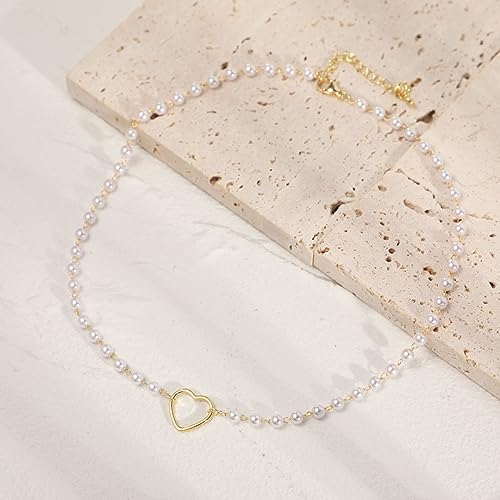 Dainty Pearl Pendant Necklaces for Women 14K Gold Plated Handmade Layered Pearl Chain Necklace Delicate Layered Pearl Necklace Everyday Jewelry Gift - color: Hollow heart+pearl-Gold