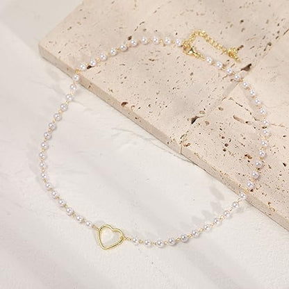 Dainty Pearl Pendant Necklaces for Women 14K Gold Plated Handmade Layered Pearl Chain Necklace Delicate Layered Pearl Necklace Everyday Jewelry Gift - color: Hollow heart+pearl-Gold