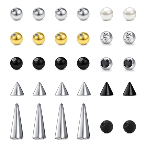 QWALIT 16gauge 14gauge Stainless Steel Replacement Balls for Lip Studs Labret Earrings Piercing Jewelry Septum Rings Externally Threaded Plastic Balls 3mm - 8mm - color: Set B2-16g -balls+spikes-mix colors