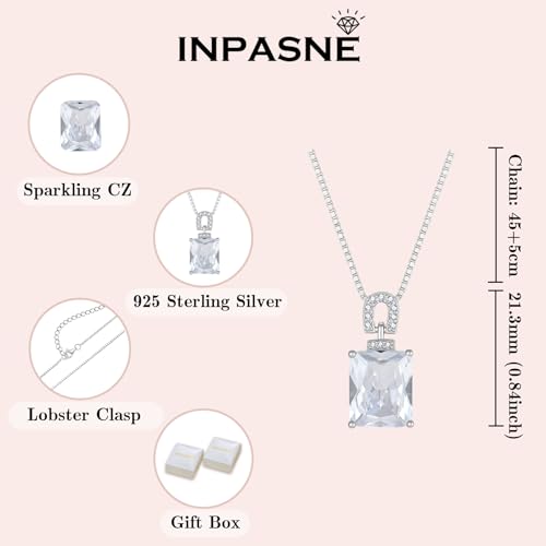 Emerald Cut Birthstone Necklace for Women 925 Sterling Silver | Baguette Birthstone Pendant Necklace, Jewelry for Mom Wife - color: White