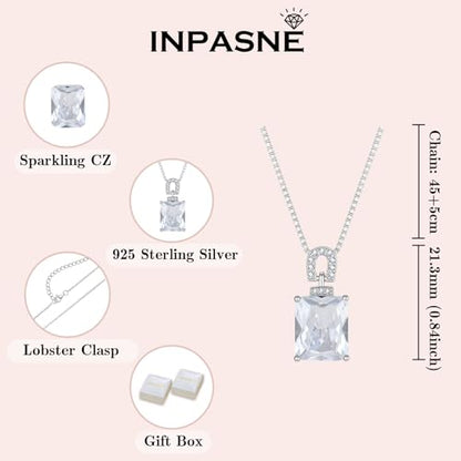Emerald Cut Birthstone Necklace for Women 925 Sterling Silver | Baguette Birthstone Pendant Necklace, Jewelry for Mom Wife - color: White