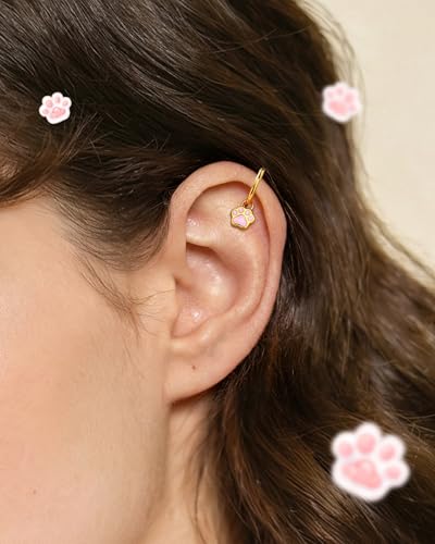 18K Gold Plated Rook Piercing Jewelry, 16G Clicker Rook Helix Earrings, Cute Cat Paw Upper Helix Lobe Piercing Stainless Steel 6/8MM - color: Style-1-6mm