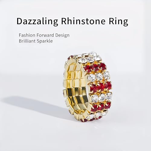 Sparkling Rhinestone Ring Set Trendy Elastic Rhinestone Crystal Stretch Ring Stackable Jewelry for Women Girls - color: 3 Rows Ring-Golden+White+Bright Red