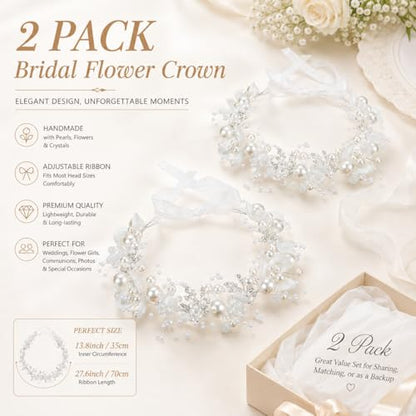 2 Pcs Flower Girl Headpiece, Silver Pearl Rhinestone Flower Hair Accessories Princess Headband for Bridal Wedding First Communion (pink) - color: pink