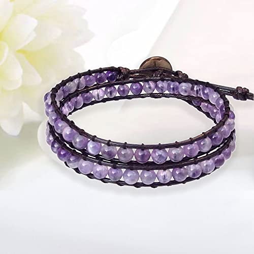 Genuine Stone Wrap Bracelets for Women Natural Crystal Beaded Wrap Bracelet 2/3/5 Adjustable Bohemian Bracelets Jewelry Gifts for Women Mom - color: amethyst(2 wraps)