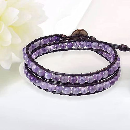 Genuine Stone Wrap Bracelets for Women Natural Crystal Beaded Wrap Bracelet 2/3/5 Adjustable Bohemian Bracelets Jewelry Gifts for Women Mom - color: amethyst(2 wraps)