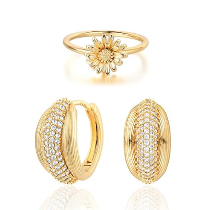 14K Gold Plated Jewelry Set for Women - Birth Flower Daisy Stackable Ring & Cubic Zirconia Hypoallergenic Trendy Jewelry - Ring Size 8