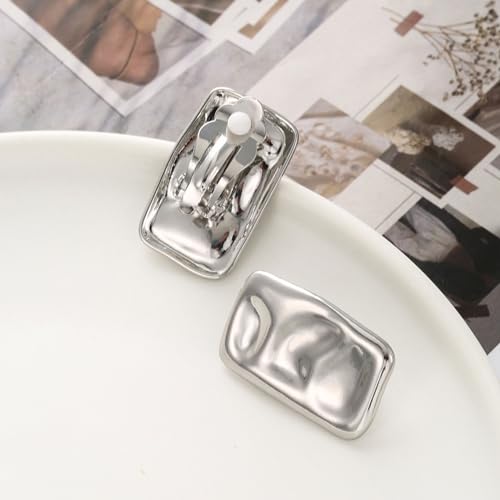 REELMAR Chunky Geometric Clip On Earrings for Women Trendy Gold-Plated Thick Hammered Rectangle Dupes Earrings Minimalist Statement Earrings No Piercing Clips - color: Square-Silver