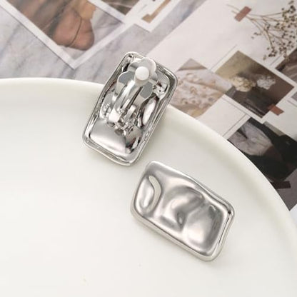 REELMAR Chunky Geometric Clip On Earrings for Women Trendy Gold-Plated Thick Hammered Rectangle Dupes Earrings Minimalist Statement Earrings No Piercing Clips - color: Square-Silver