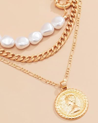 Gold Layered Necklaces for Women Chunky Layered Gold Necklaces Stacked Paperclip Chain Pearl Necklace Herringbone Toggle Clasp Choker Trendy Statement Jewelry Gifts - color: A2:gold layered necklace