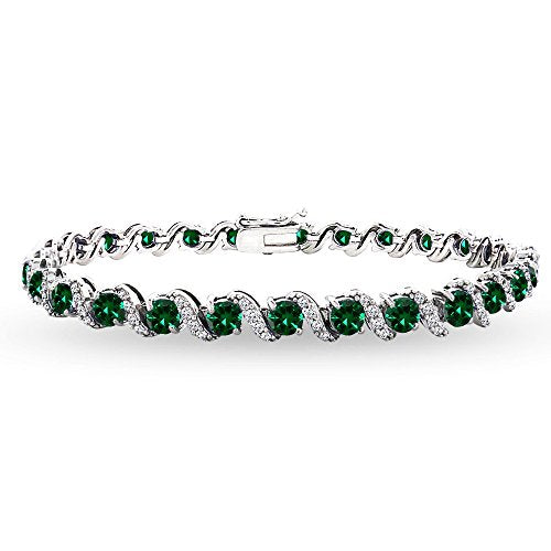 B. BRILLIANT Sterling Silver Genuine, Created or Simulated Gemstone Round S Design Tennis Bracelet for Women - color: Simulated Emerald - Sterling Silver