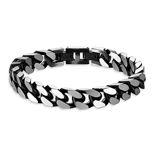 Mens Bracelet-Stainless Steel Fold Over Clasp Cuban Chain-Bracelets for Men - color: E-Black