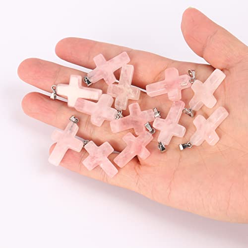 12PCS Natural Stone Cross Pendant Gemstone Charms Bulk for Jewelry Making | Healing Crystal Quartz Chakra Reiki Gemstone Pendants Charms Bulk for Necklace Craft - color: Rose Quartz Cross