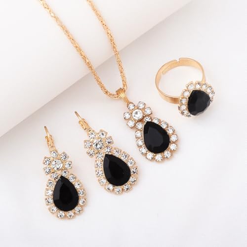 Teardrop/Heart Crystal Jewelry Set for Women, Gold Tone Rhinestone Necklace Earrings Ring Set, Wedding Bridal Prom Party Jewelry Gift - color: Black (teardrop)