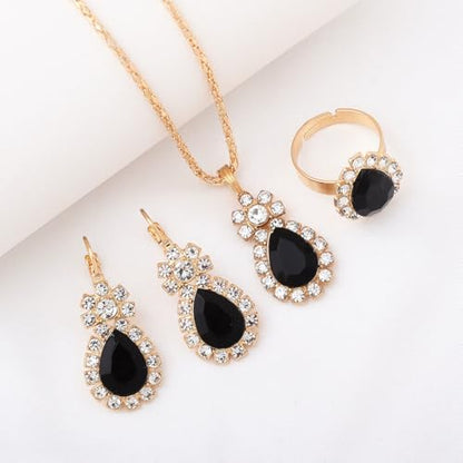 Teardrop/Heart Crystal Jewelry Set for Women, Gold Tone Rhinestone Necklace Earrings Ring Set, Wedding Bridal Prom Party Jewelry Gift - color: Black (teardrop)