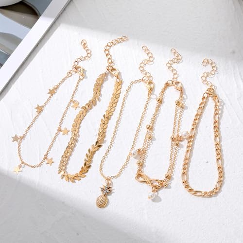 Fesciory 14K Gold Plated Ankle Bracelets Sets For Women, Adjustable Layered Infinite Anklet, Summer Beach Butterfly Star Foot Chain Jewelry Gifts - style: Pineapple(Gold)