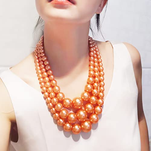 We We Imitation Pearl Necklace for Women Large Chunky Pearl Necklaces Multilayer Pearl Necklace and Earring 1920s Costume Jewelry set - color: orange pearl necklace set