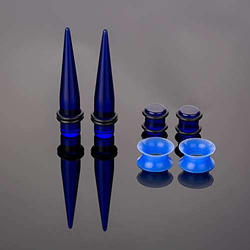 50-Piece Ear Gauges Stretching Kit, 14G-00G | Acrylic tapers and plugs with soft silicone tunnels, body piercing jewelry for women and men - color: Blue