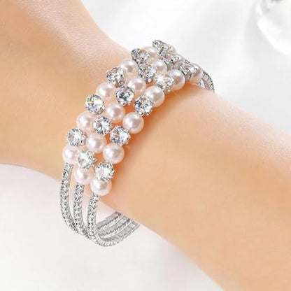 Gold Crystal Faux Pearl Beaded Bracelet for Women,Sparkling Rhinestone Layered Statement Cuff Bracelet Wedding Bridal Jewelry Accessories - color: Silver