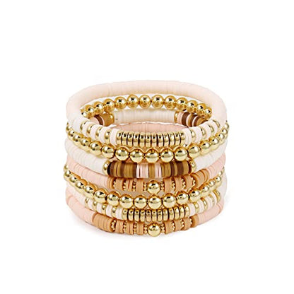 Elegance 11 designs Heishi Beaded Bracelets For Women Polymer Clay Colorful Surfer Stackable Beads Boho Bracelet Summer Beach Jewelry - color: Light pink