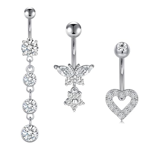Silver Gold Belly Button Ring for Women Clicker Hoop Belly Rings Opal Navel Piercing Jewelry Dangle Hypoallergenic Surgical Steel Dainty Dangling Navel Rings for Women - color: F1-dangle-silver-3p